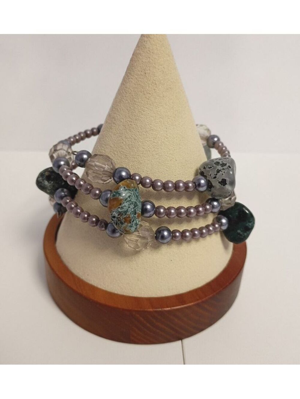 Vintage Multi-Strand Seed Beaded Bracelet with Purple Beads and Natural Stones